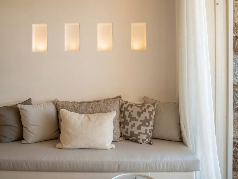 Deluxe Suite with Outdoor Hot Tub: A cushioned window seat with five throw pillows beneath four recessed wall lights