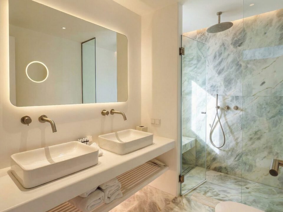 Deluxe Suite with Outdoor Hot Tub: Modern bathroom with double sinks, large mirror, glass shower, and marble finishes