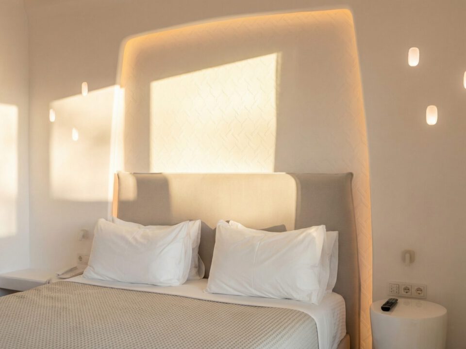 Deluxe Suite with Outdoor Hot Tub: Sunlit bedroom with a neatly made king-sized bed, white pillows, and warm wall lighting
