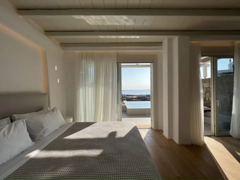Premium Suite with Private Heated Swimming Pool: Bedroom with a king-sized bed facing the private pool terrace and sea view